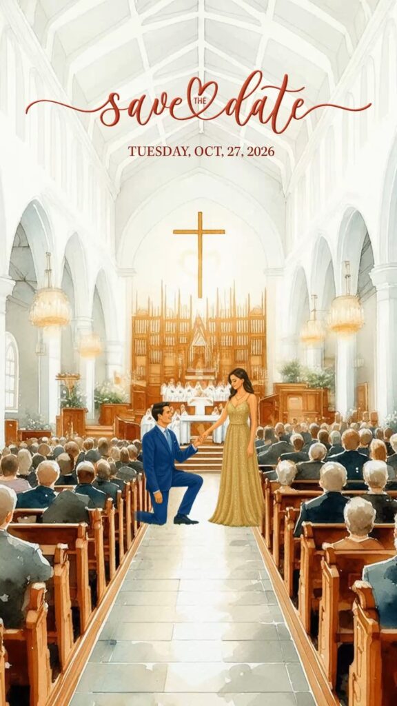 Christian Engagement invitation video with Romantic Aisle Scene, Gold Accents and Save the Date