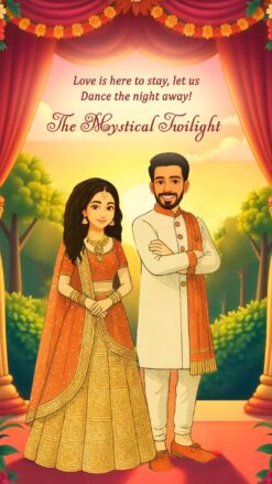 Couple Portrait Ghibli Wedding Invitation Video with Traditional Attire and Engagement, Sagan, Haldi, Mehendi, Bollywood Night, Baarat