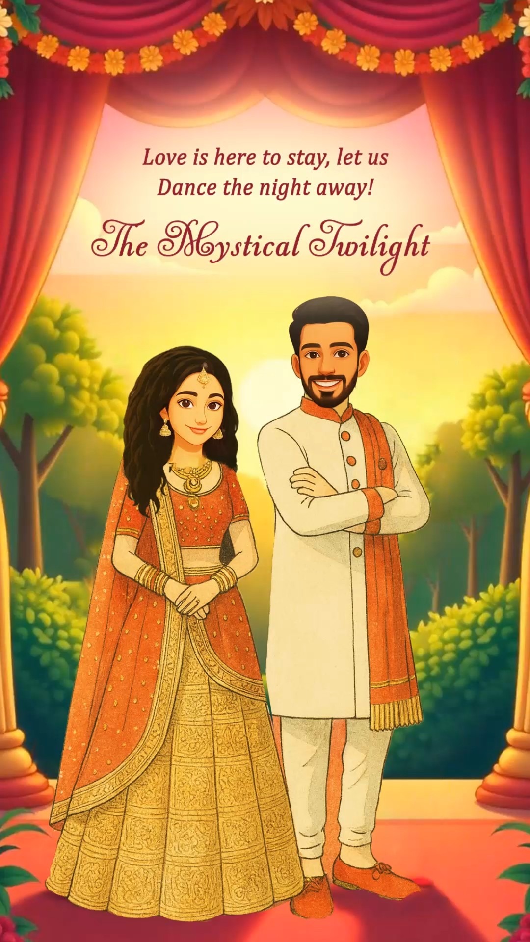 Couple Portrait Ghibli Wedding Invitation Video with Traditional Attire and Engagement, Sagan, Haldi, Mehendi, Bollywood Night, Baarat