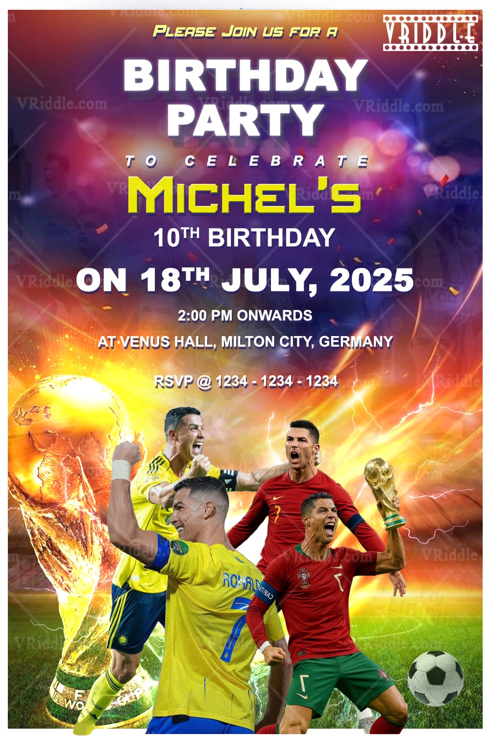 Cristiano Ronaldo Theme Birthday Invitation Card with Football Legends and World Cup Design