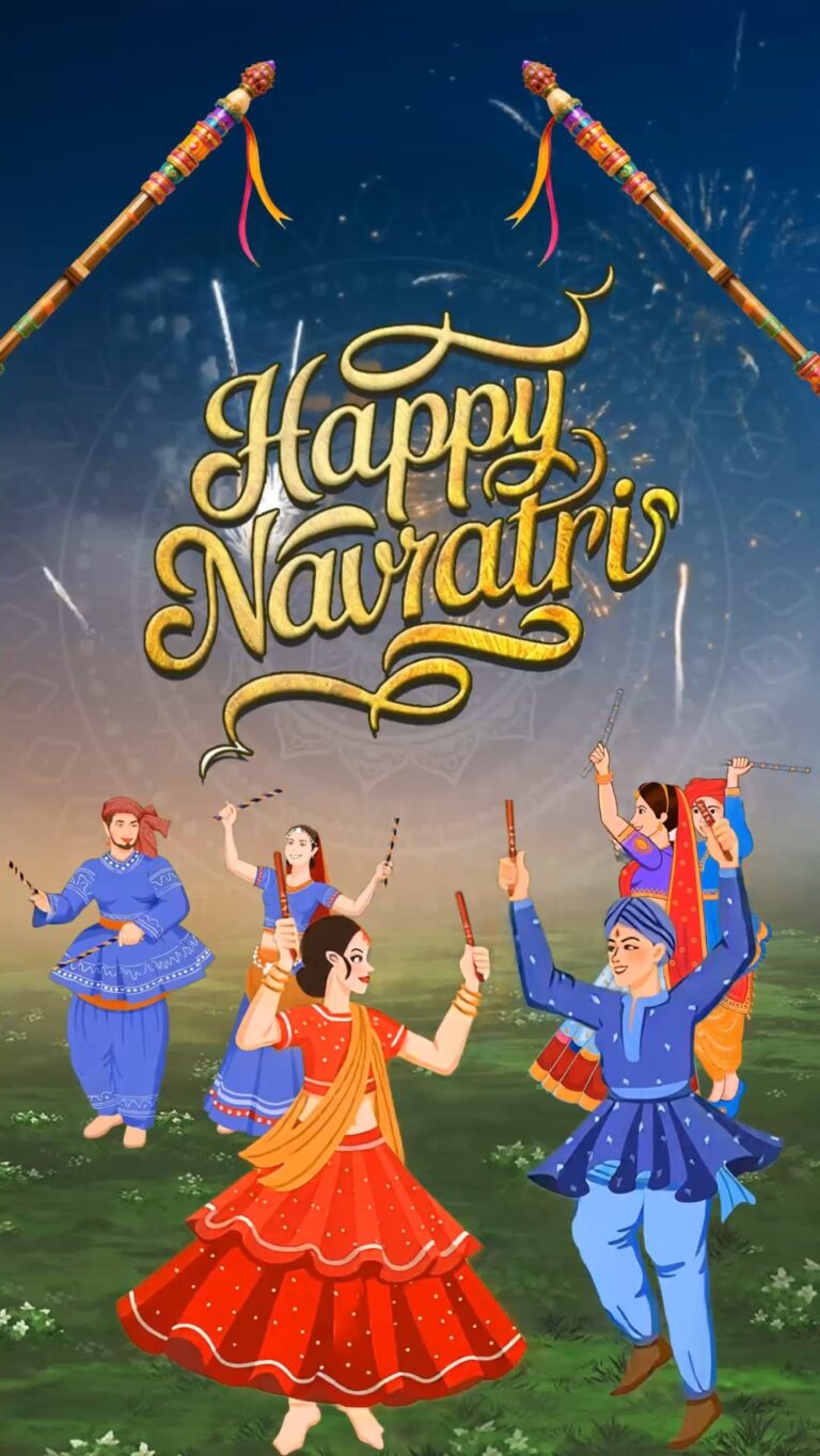 Dandiya Dance Animation Navratri Invitation Video with Festive Illustration, Traditional Attire and Fireworks