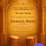 Dandiya Dhol Drums Invitation Card with marigold garlands Traditional Festive Celebration