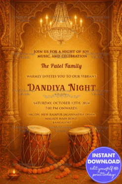 Dandiya Dhol Drums Invitation Card with marigold garlands Traditional Festive Celebration