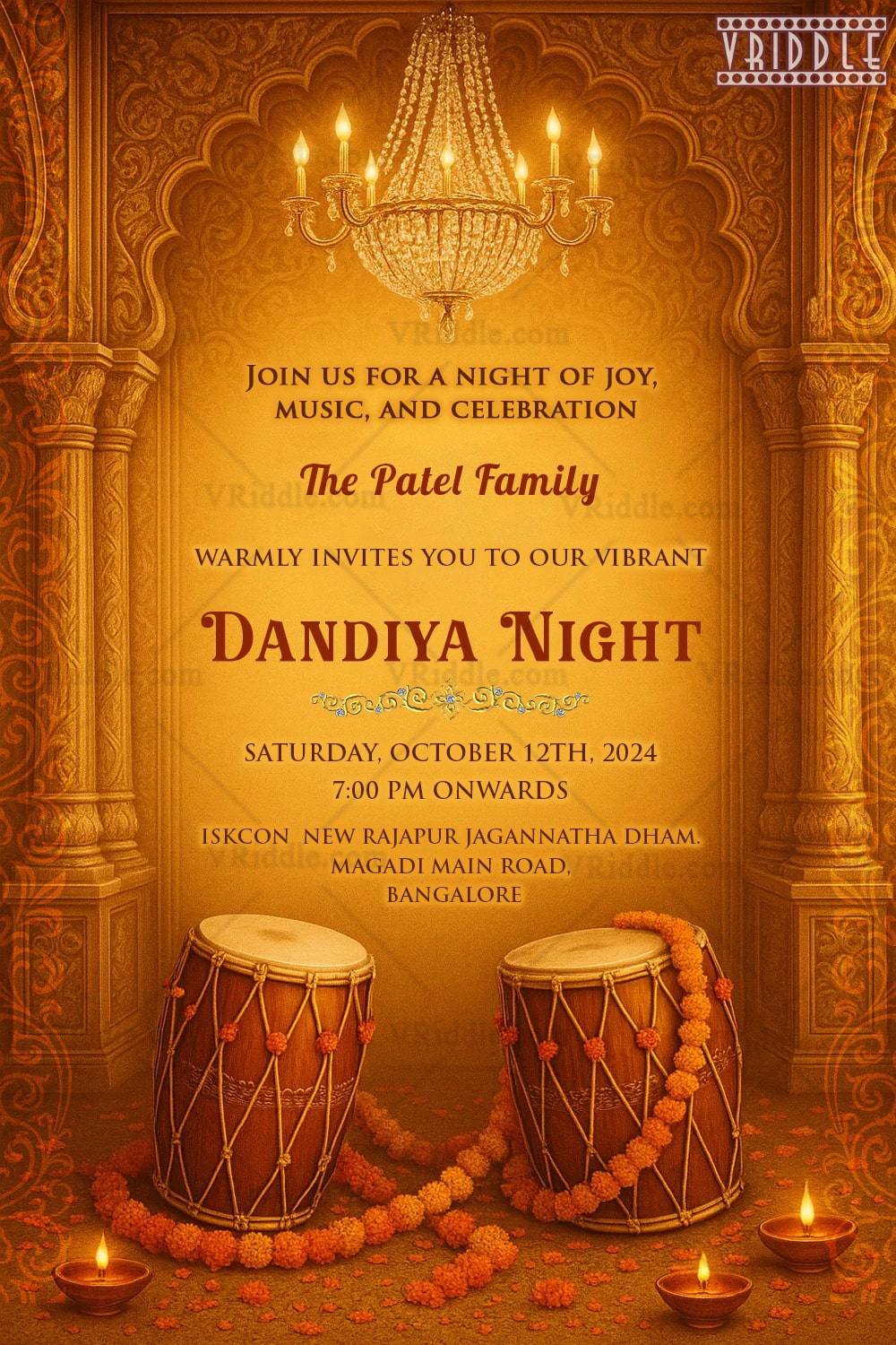 Dandiya Dhol Drums Invitation Card with marigold garlands Traditional Festive Celebration