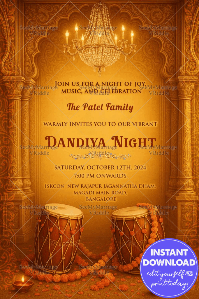 Dandiya Dhol Drums Invitation Card with marigold garlands Traditional Festive Celebration