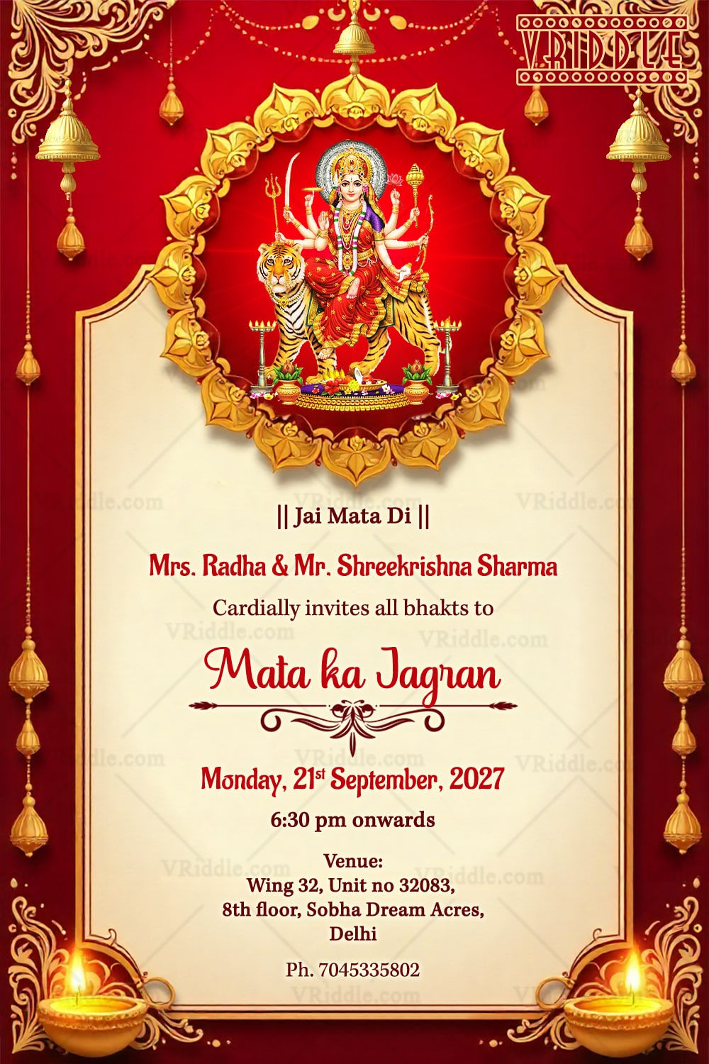 Divine Mata Ka Jagran Invitation with Goddess Durga, Golden Frame & Traditional Decor
