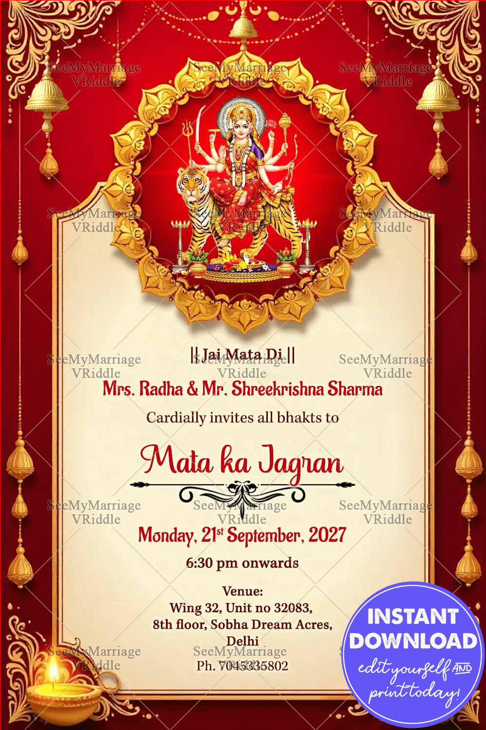 Divine Mata Ka Jagran Invitation with Goddess Durga, Golden Frame & Traditional Decor