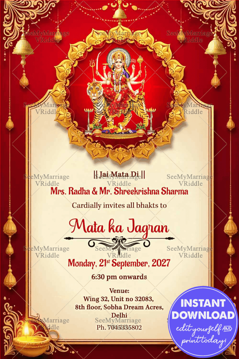 Divine Mata Ka Jagran Invitation with Goddess Durga, Golden Frame & Traditional Decor