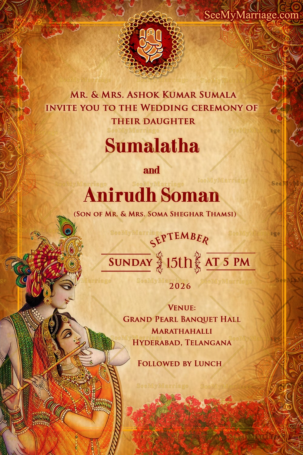 Divine Radha Krishna Wedding Invitation Card with backdrop of tradition and sacred blessings