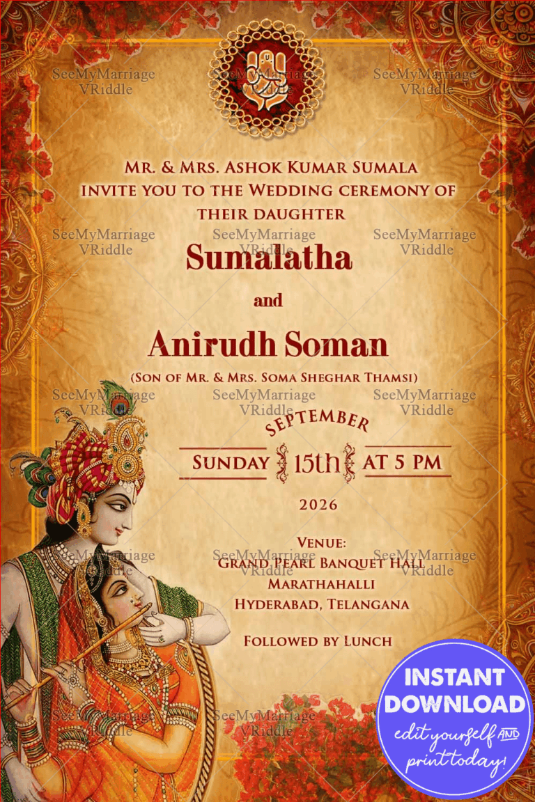 Divine Radha Krishna Wedding Invitation Card with backdrop of tradition and sacred blessings