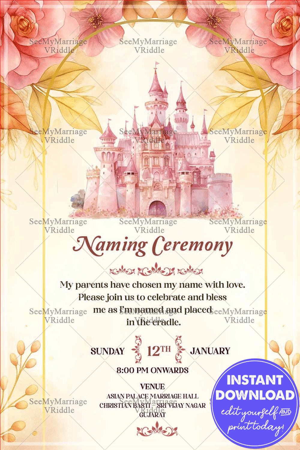 Enchanted Castle Naming Ceremony Invitation with Dreamy Fairy Tale, Pink and Golden Floral Theme