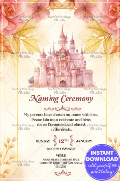 Enchanted Castle Naming Ceremony Invitation with Dreamy Fairy Tale, Pink and Golden Floral Theme