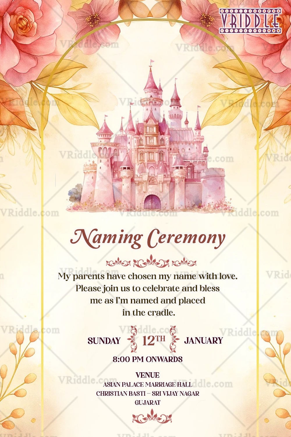 Enchanted Castle Naming Ceremony Invitation with Dreamy Fairy Tale, Pink and Golden Floral Theme