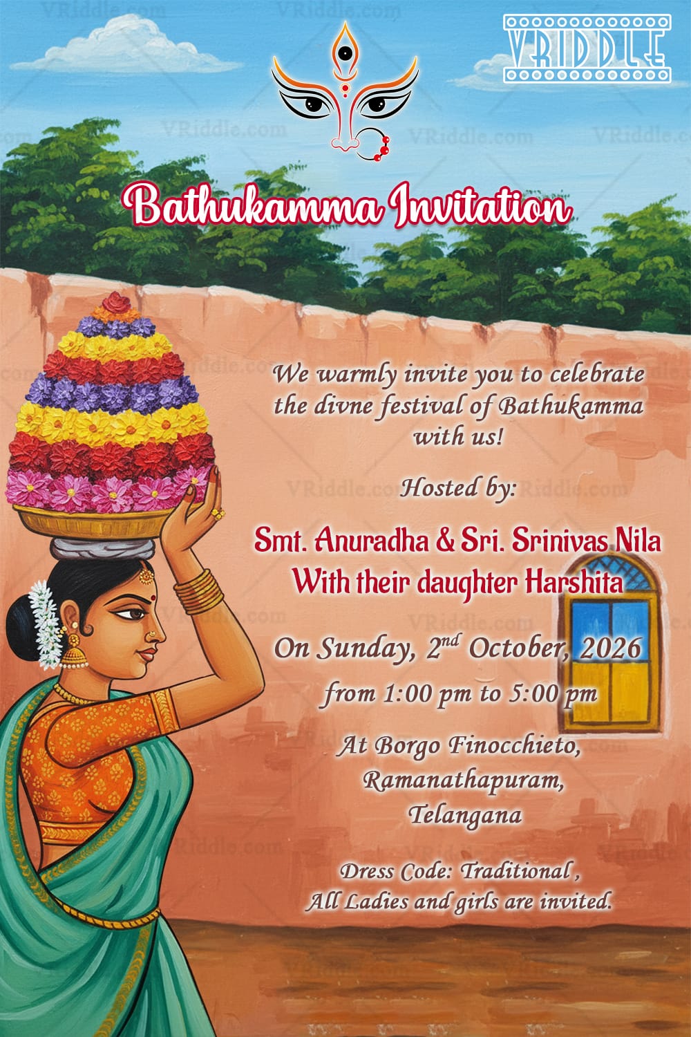 Festivity Traditional Bathukamma Invitation Card with Telangana Theme