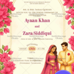 Floral Nikah Wedding Invitation card with Bride-Groom Illustration & pink bougainvillea  floral