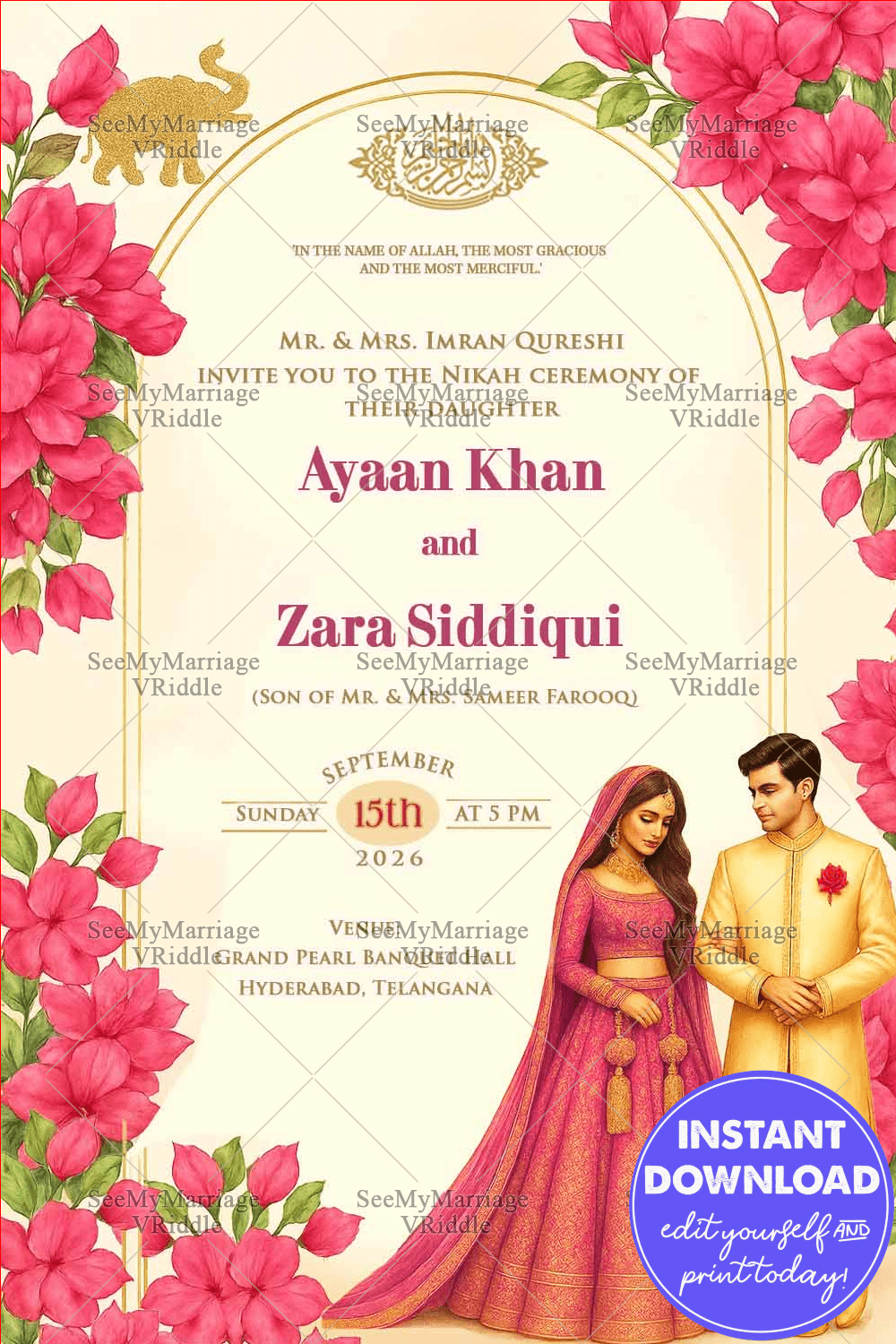 Floral Nikah Wedding Invitation card with Bride-Groom Illustration & pink bougainvillea floral