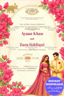 Floral Nikah Wedding Invitation card with Bride-Groom Illustration & pink bougainvillea  floral