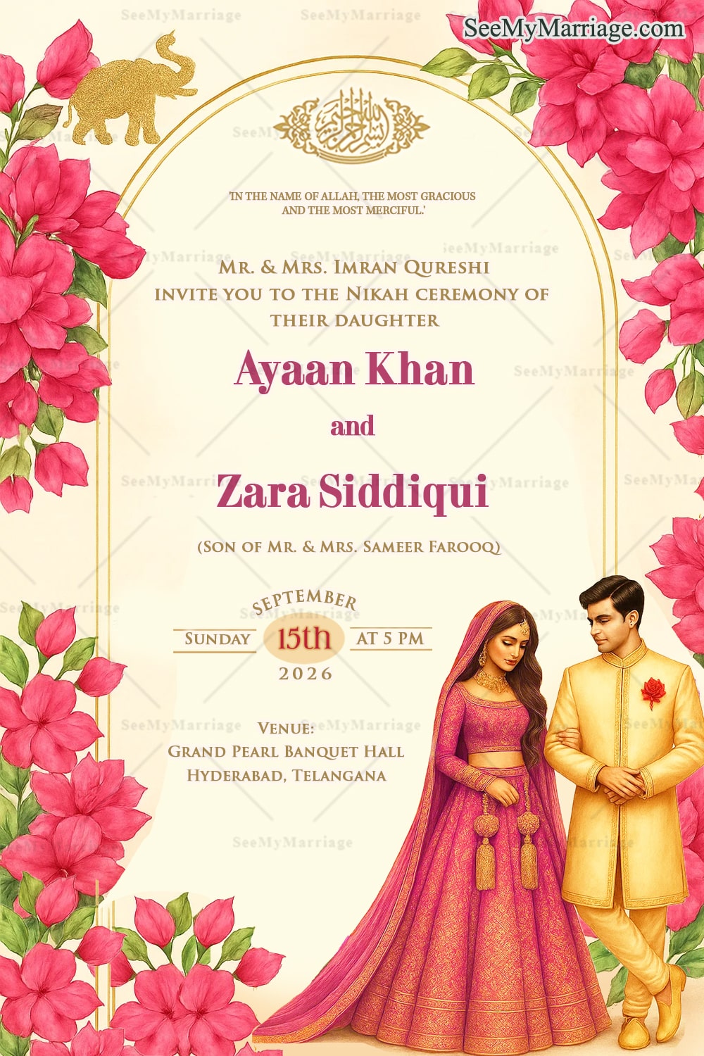 Floral Nikah Wedding Invitation card with Bride-Groom Illustration & pink bougainvillea floral