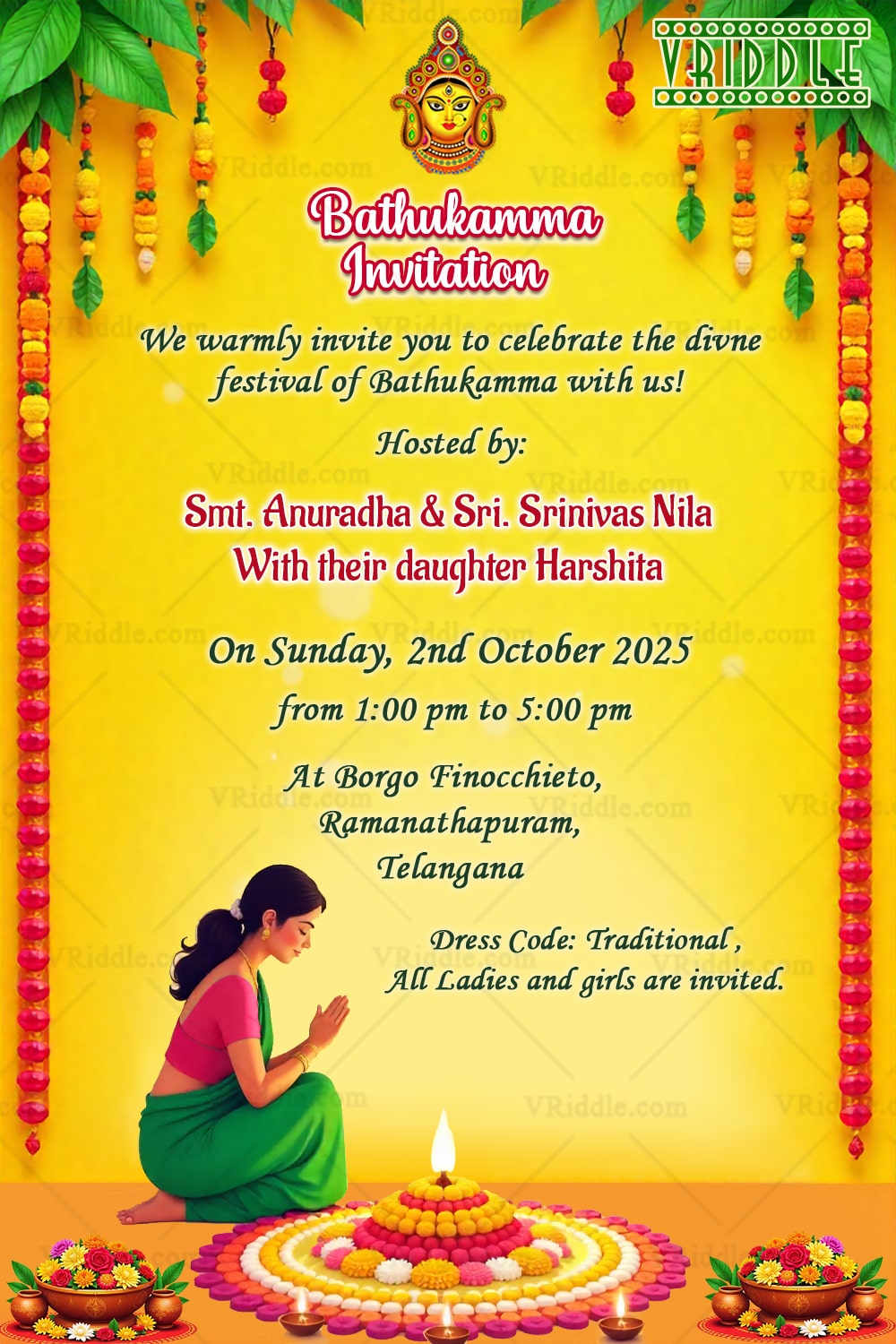 Floral Rangoli Bathukamma Festival Invitation with Traditional Woman Illustration In Yellow Theme