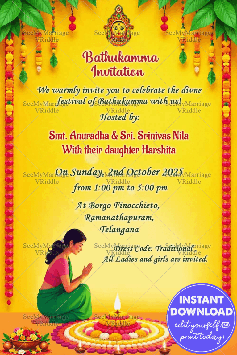 Floral Rangoli Bathukamma Festival Invitation with Traditional Woman Illustration In Yellow Theme