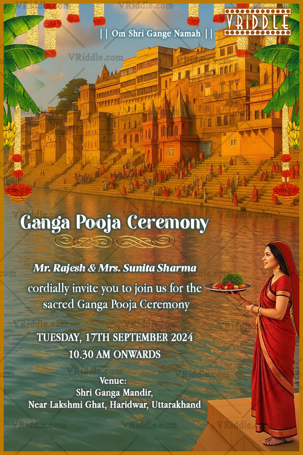 Ganga Pooja Ceremony Invitation with Temple Garlands and Devotional Artwork With woman Illustration