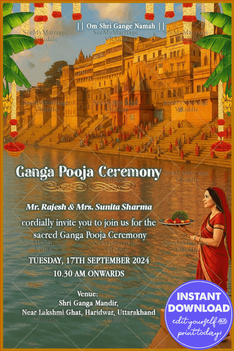Ganga Pooja Ceremony Invitation with Temple Garlands and Devotional Artwork With woman Illustration