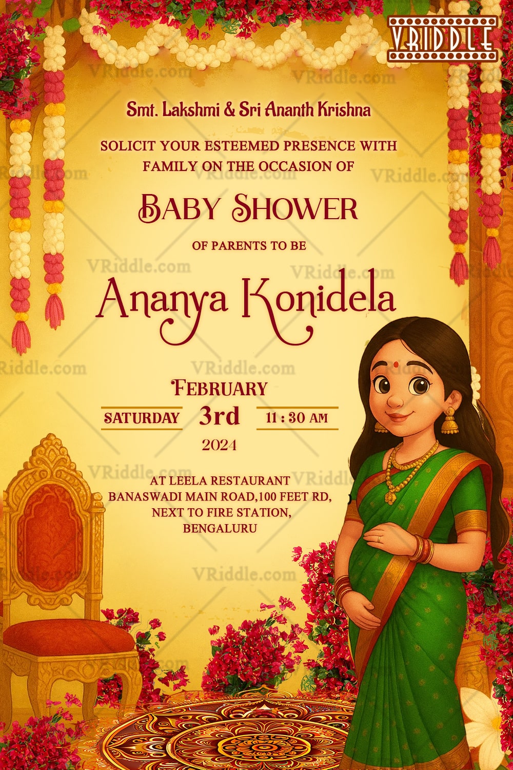 Ghibli Style Baby Shower Invitation with Golden Mandala Elegance and Floral Garland Accents