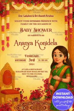 Ghibli Style Baby Shower Invitation with Golden Mandala Elegance and Floral Garland Accents