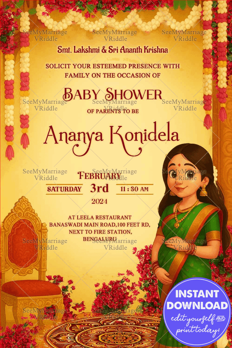 Ghibli Style Baby Shower Invitation with Golden Mandala Elegance and Floral Garland Accents
