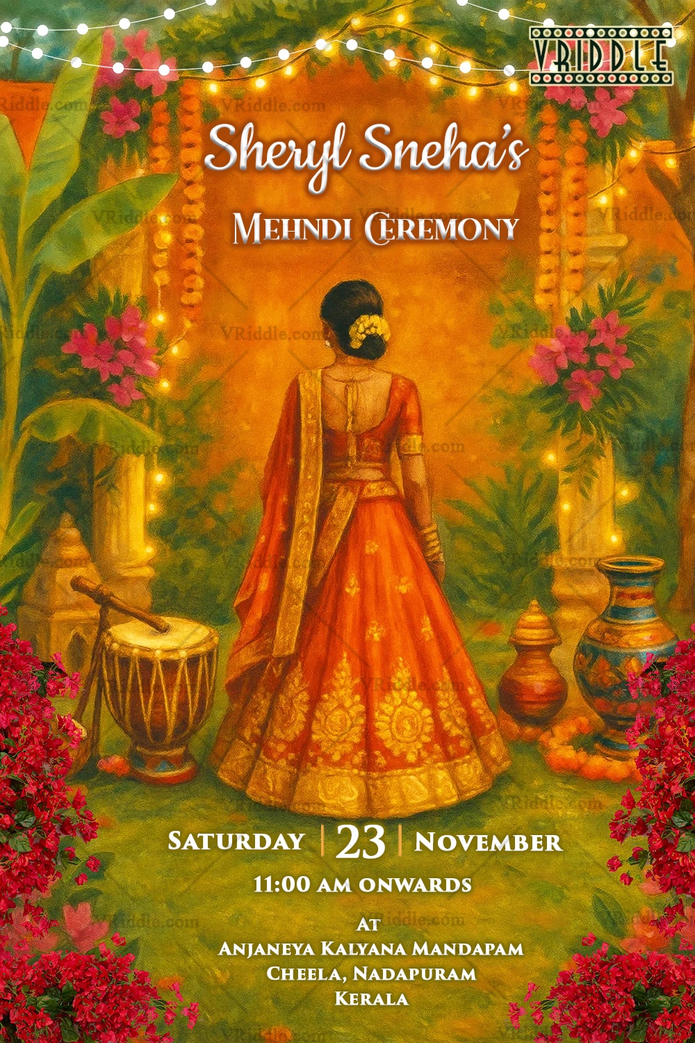 Golden Glow Mehndi Invitation with Traditional Bride, Festive Lights and Nature Charm