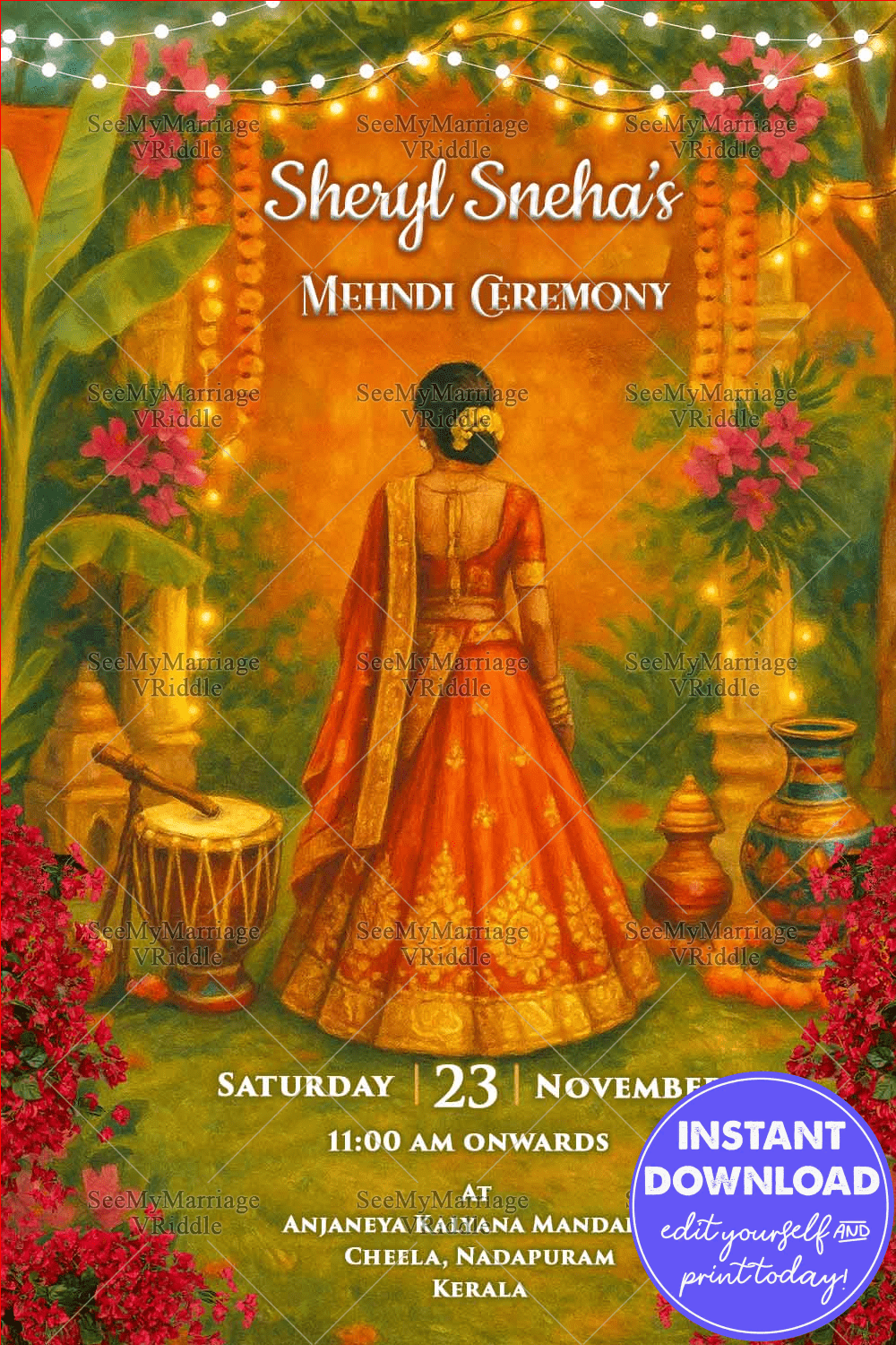 Golden Glow Mehndi Invitation with Traditional Bride, Festive Lights and Nature Charm