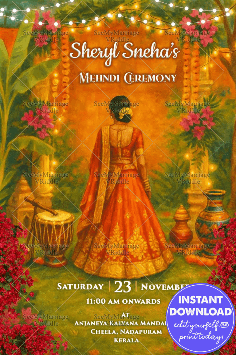 Golden Glow Mehndi Invitation with Traditional Bride, Festive Lights and Nature Charm