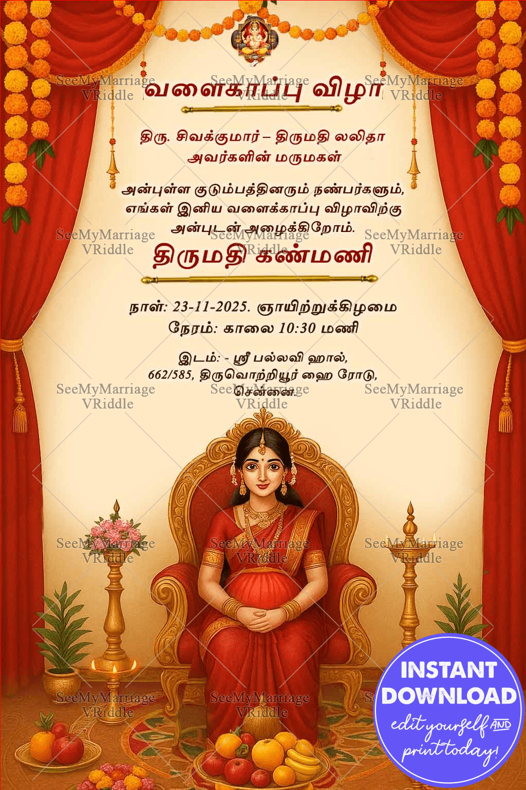 Graceful Tamil Baby Shower Invitation with Red Drapes, Marigold Garlands, and Traditional Mother-to-be Illustration