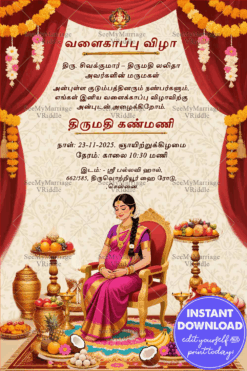 Grand Tamil Valaikappu Invitation with Elegant Mother-to-Be, Floral Decor, Fruits, and Festive Traditional Elements