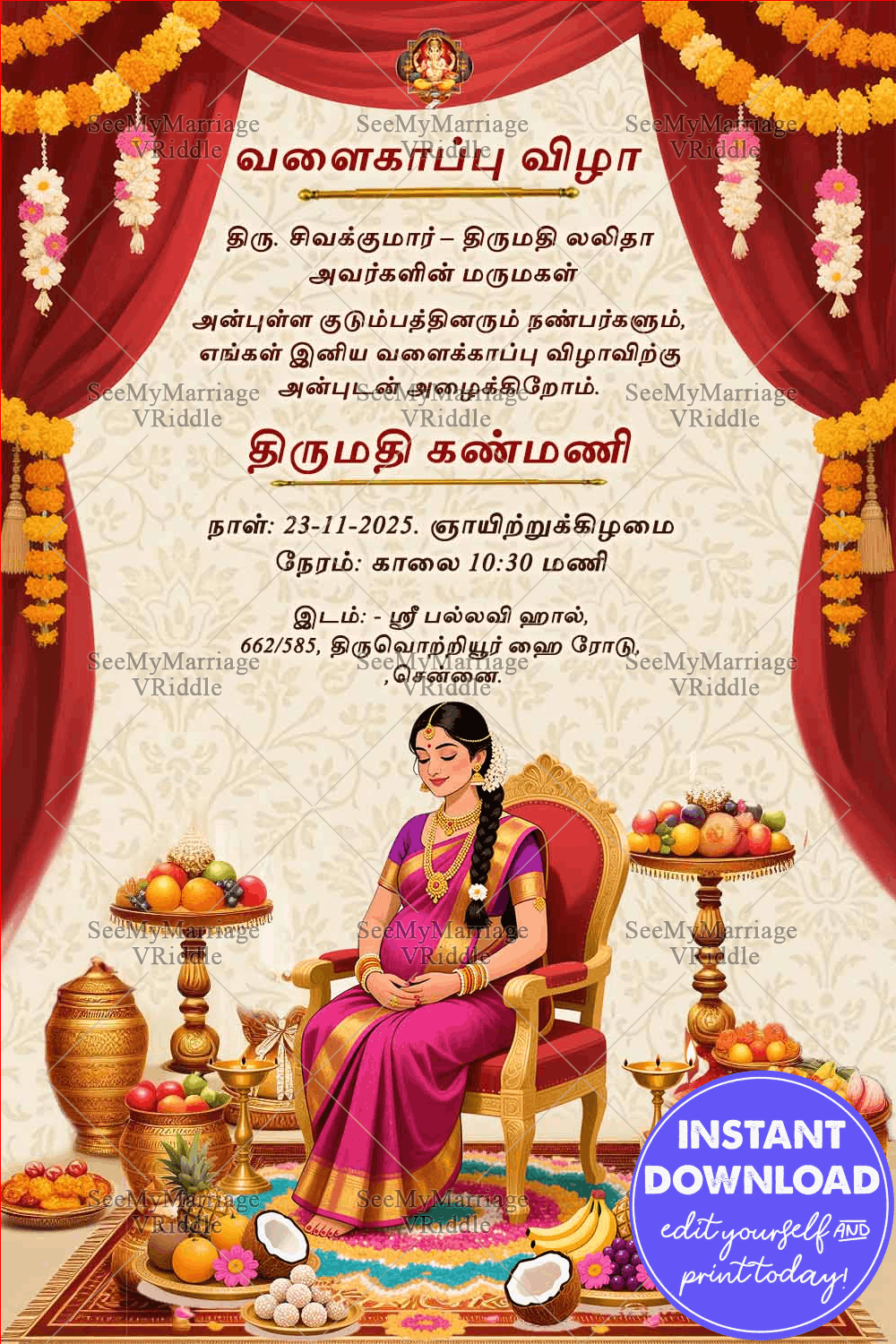 Grand Tamil Valaikappu Invitation with Elegant Mother-to-Be, Floral Decor, Fruits, and Festive Traditional Elements