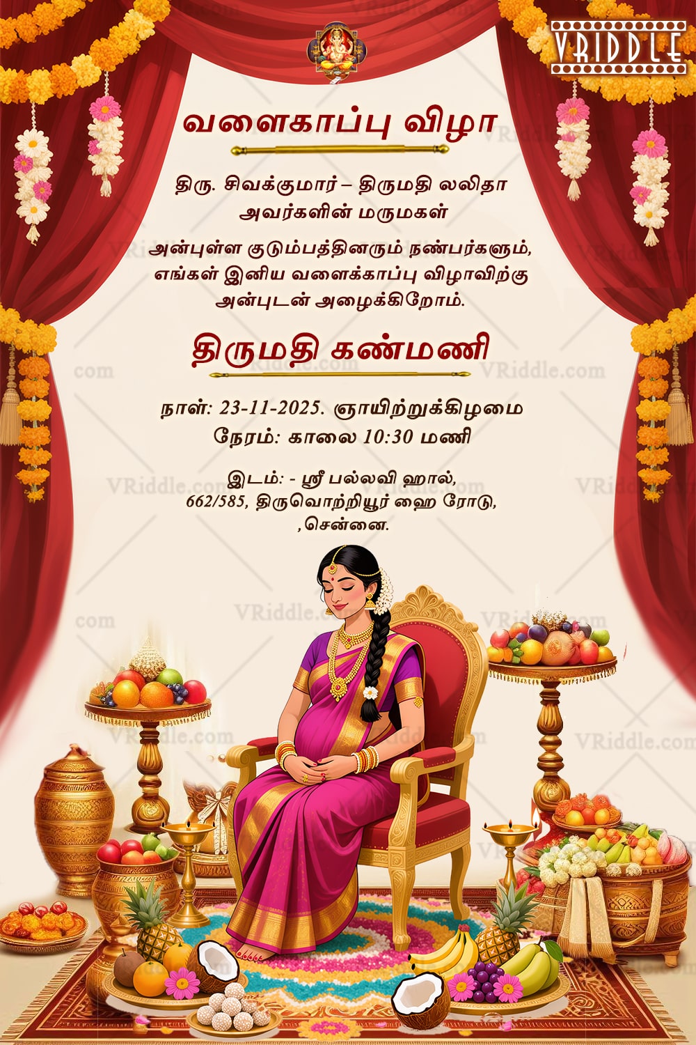 Grand Tamil Valaikappu Invitation with Elegant Mother-to-Be, Floral Decor, Fruits, and Festive Traditional Elements