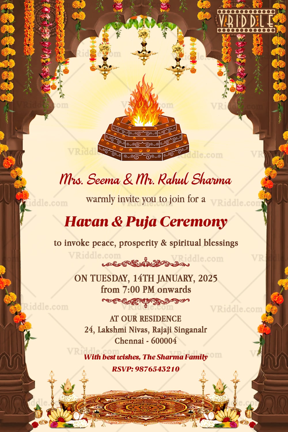 Havan Invitation Card Featuring Sacred Fire Altar Marigold Floral Decor and Temple Theme Elements