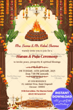 Havan Invitation Card Featuring Sacred Fire Altar Marigold Floral Decor and Temple Theme Elements