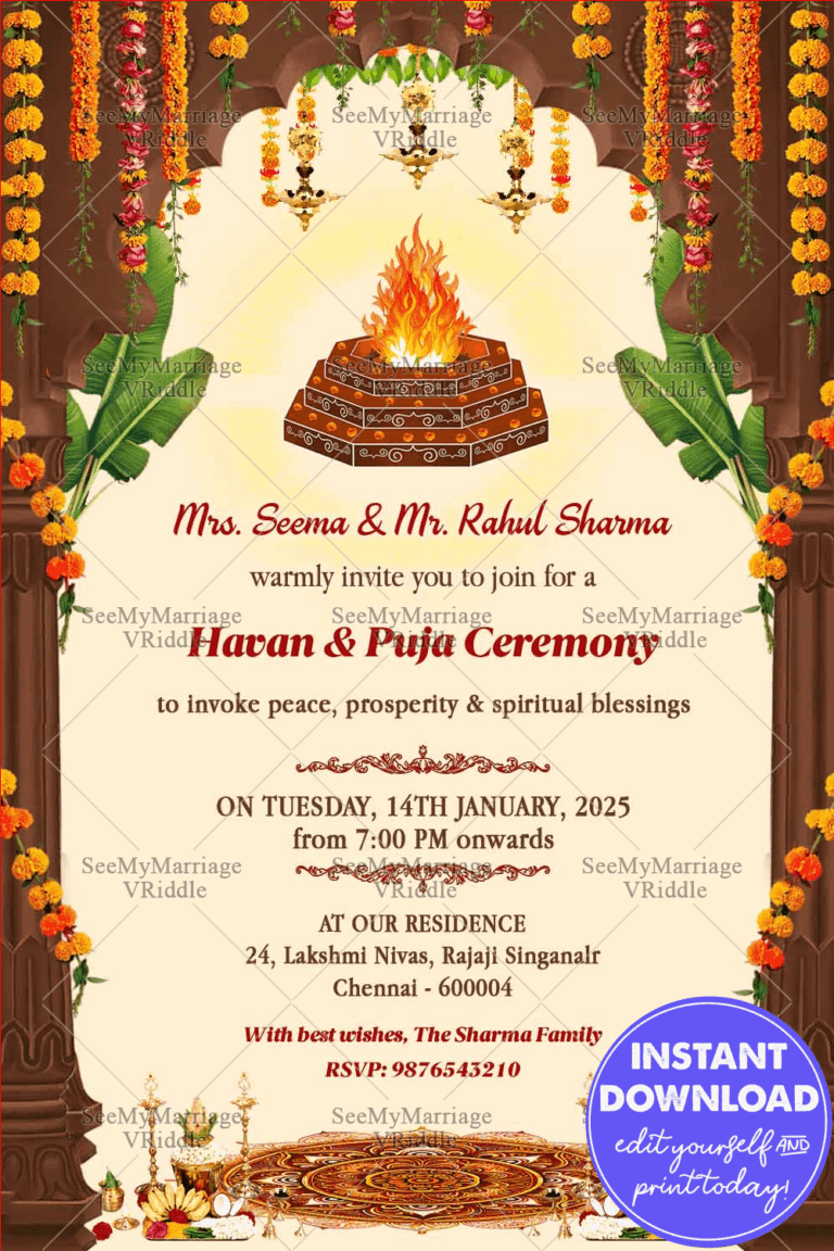 Havan Invitation Card Featuring Sacred Fire Altar Marigold Floral Decor and Temple Theme Elements