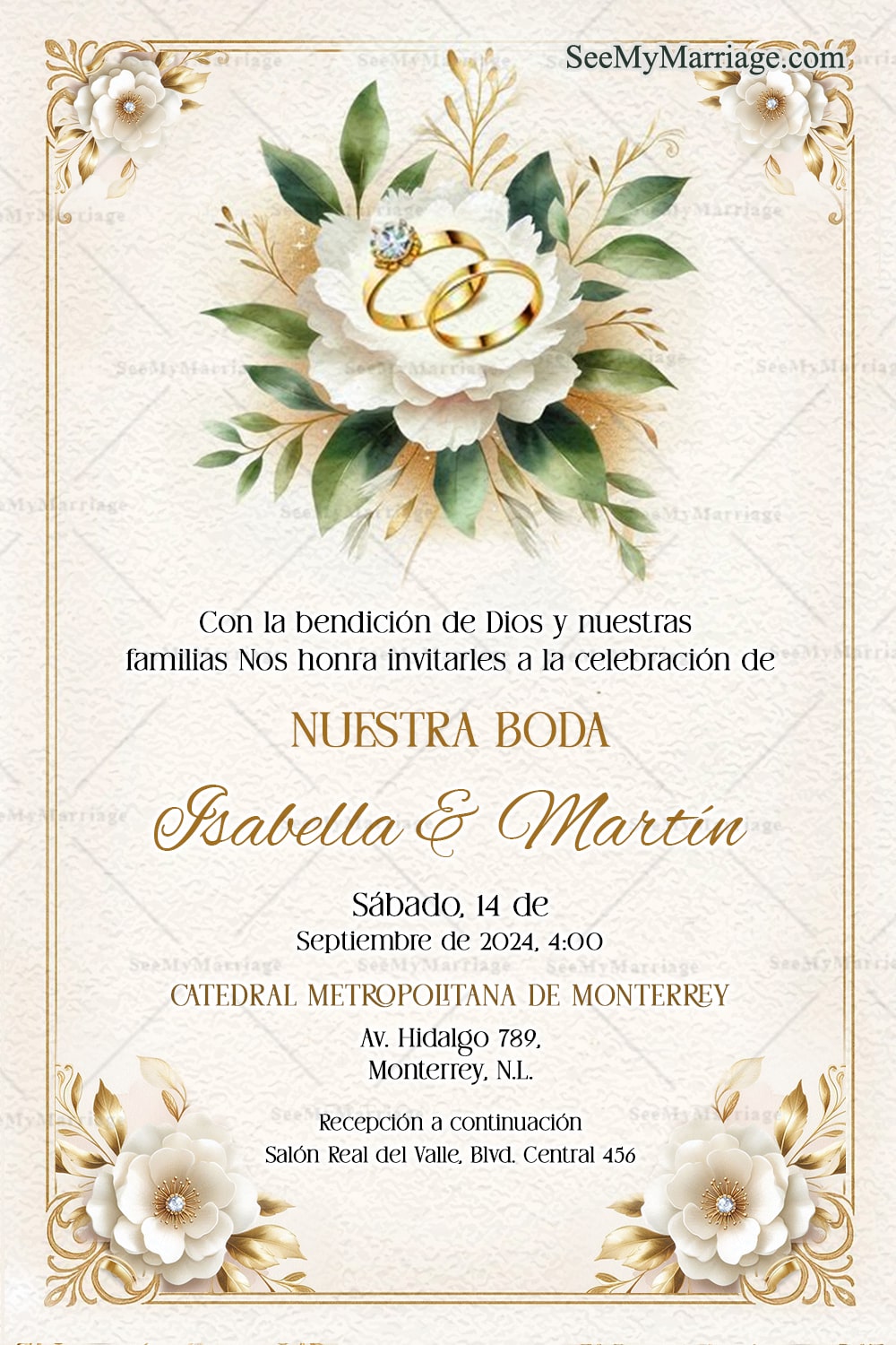 Ivory Floral Ring Spanish Wedding Invitation with Golden Accents and Classic Elegance