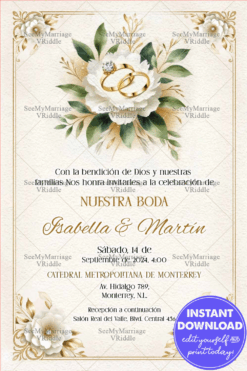 Ivory Floral Ring Spanish Wedding Invitation with Golden Accents and Classic Elegance