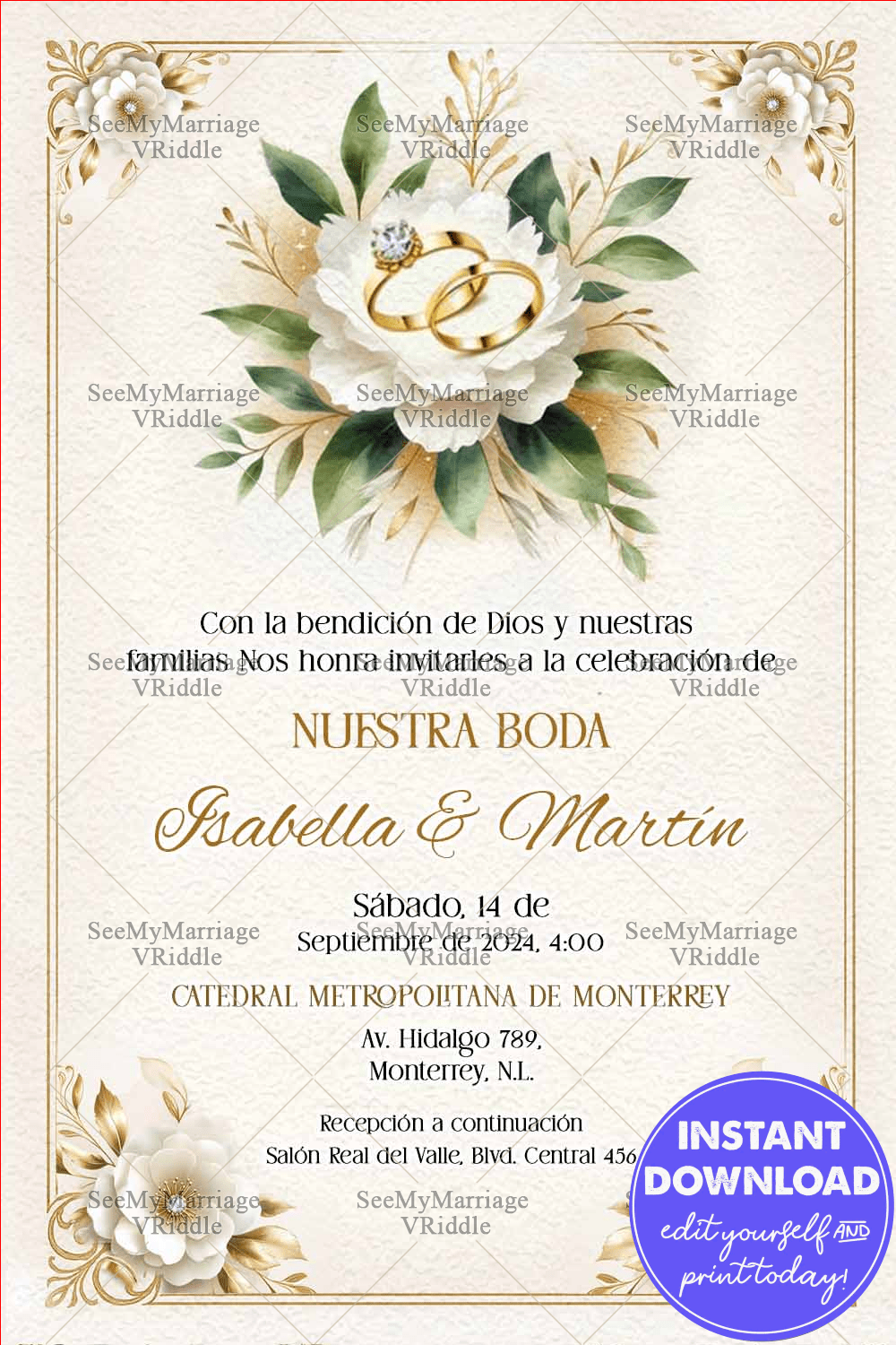 Ivory Floral Ring Spanish Wedding Invitation with Golden Accents and Classic Elegance