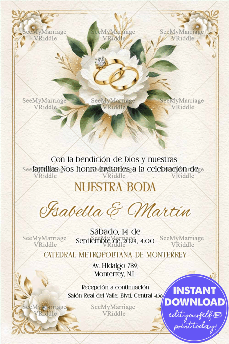 Ivory Floral Ring Spanish Wedding Invitation with Golden Accents and Classic Elegance