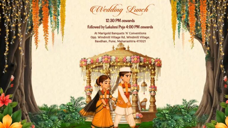 Kalamkari Folk Art Accents Wedding Invitation Video with Couple Walking and Haldi, Shrimanti, Sangeet, Mangalashtakam, Lunch, Save The Date