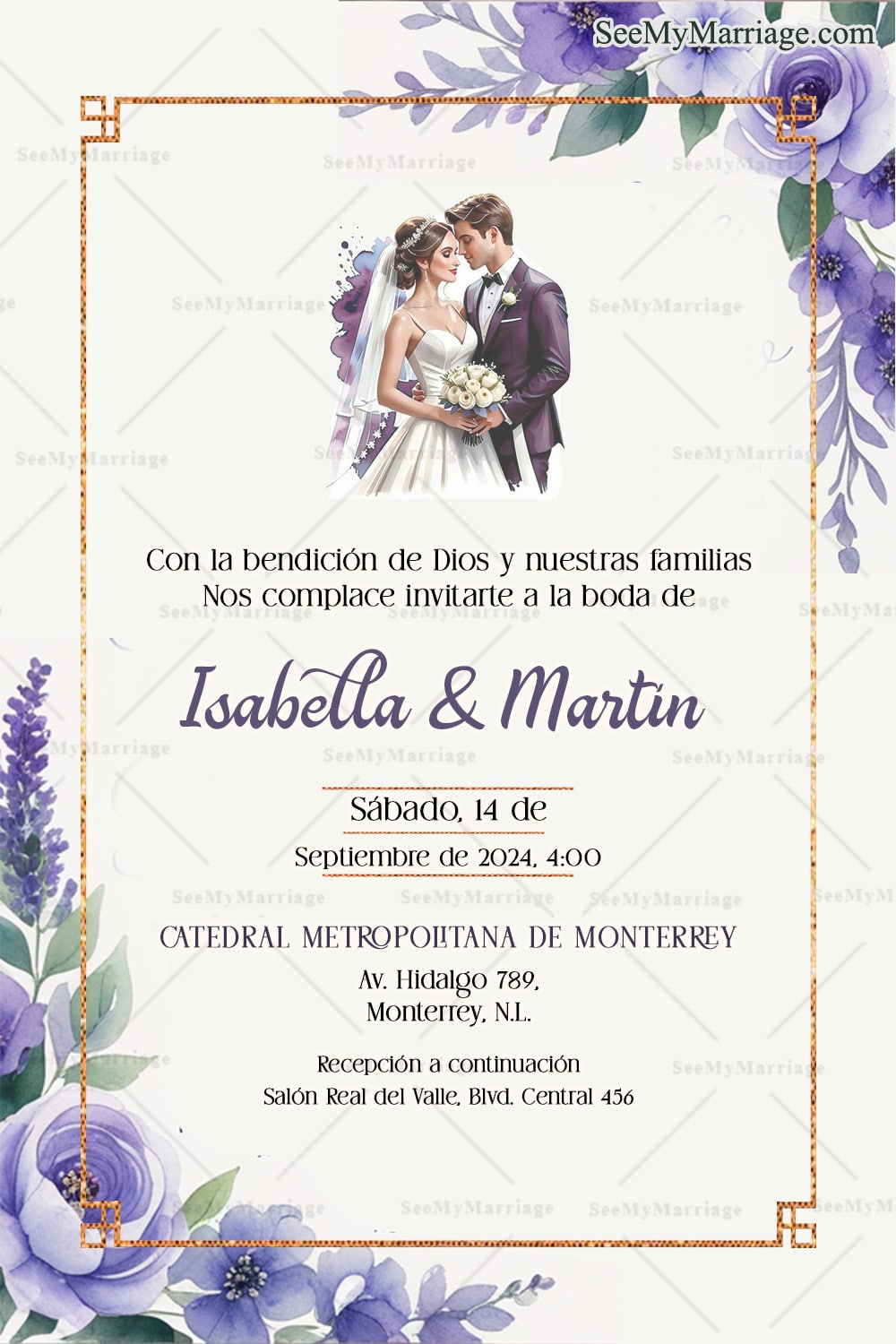 Lavender Spanish Wedding Invitation with Romantic Floral Accents and Elegant Golden Borders with Couple Illustration