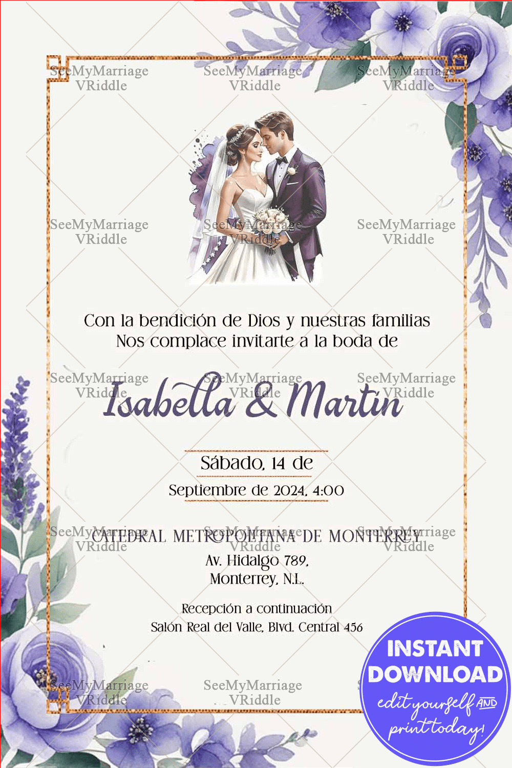 Lavender Spanish Wedding Invitation with Romantic Floral Accents and Elegant Golden Borders with Couple Illustration