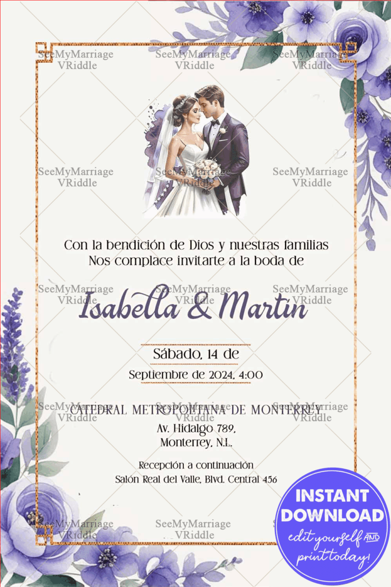 Lavender Spanish Wedding Invitation with Romantic Floral Accents and Elegant Golden Borders with Couple Illustration