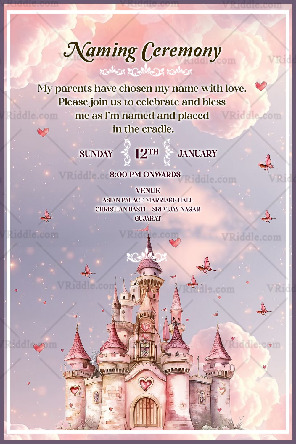 Magical Castle Naming Ceremony Invitation with Fairy Tale Sky Design With Butterfly