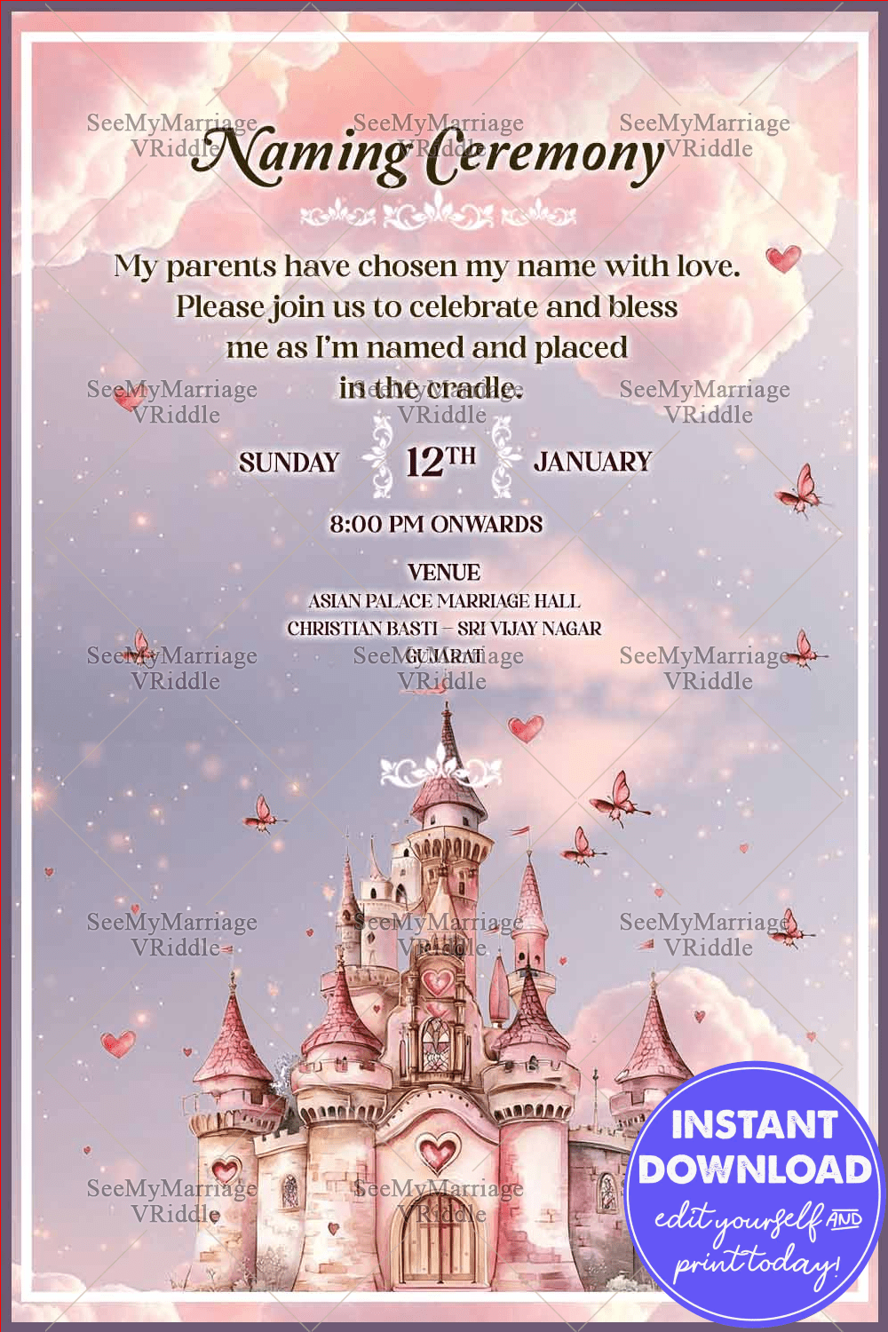 Magical Castle Naming Ceremony Invitation with Fairy Tale Sky Design With Butterfly