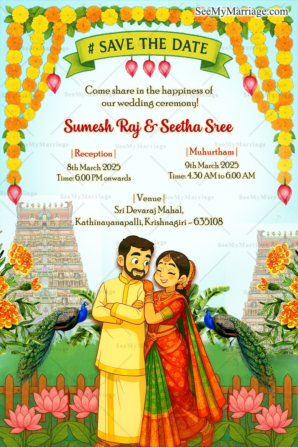 Majestic South Indian Save the Date Invitation with Temple Elegance and Ghibli-Style Art